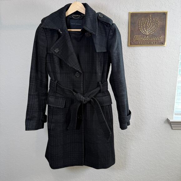Women's Banana Republic Black Gray Wool Blend Plaid Coat Size XS Petite - Picture 2 of 11